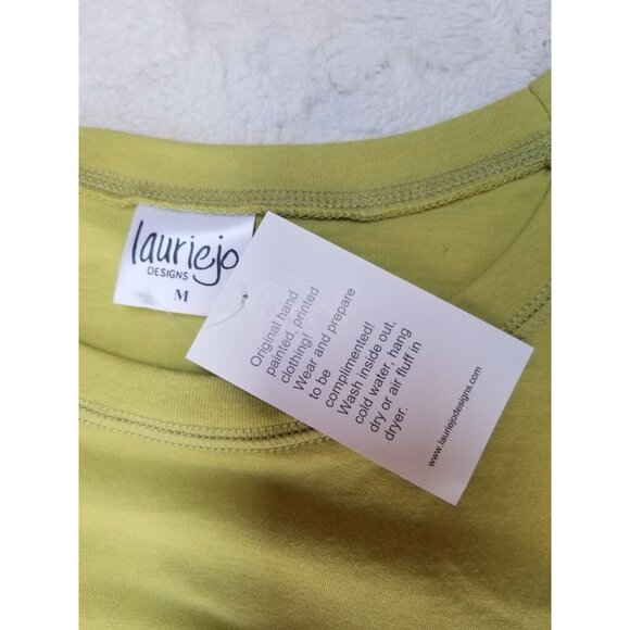 New Lauriejo Designs Womens Medium Handpainted Sunflower Top 3/4 Sleeve Lime USA - Picture 5 of 8